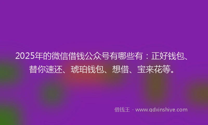 2025年的微信借钱公众号有哪些有：正好钱包、替你速还、琥珀钱包、想借、宝来花等。
