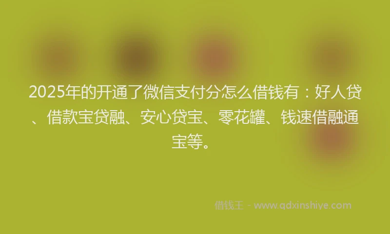 2025年的开通了微信支付分怎么借钱有：好人贷、借款宝贷融、安心贷宝、零花罐、钱速借融通宝等。