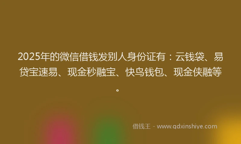 2025年的微信借钱发别人身份证有：云钱袋、易贷宝速易、现金秒融宝、快鸟钱包、现金侠融等。