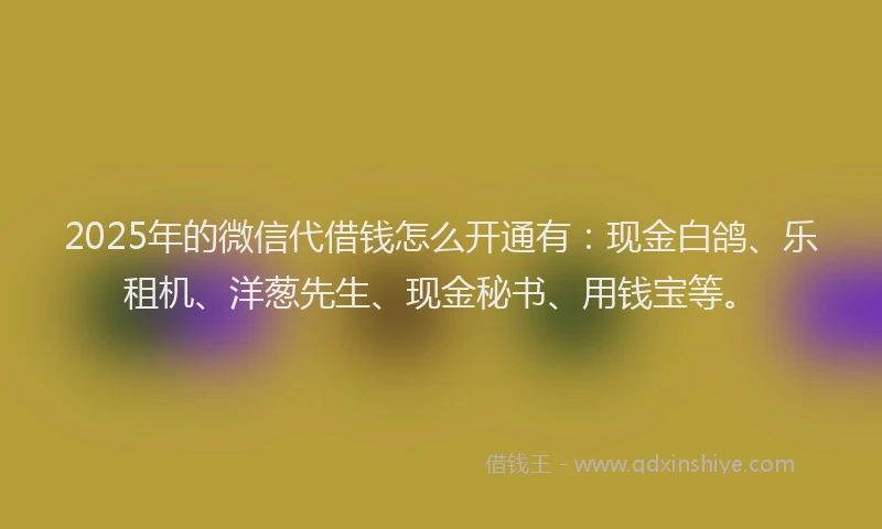 2025年的微信代借钱怎么开通有：现金白鸽、乐租机、洋葱先生、现金秘书、用钱宝等。