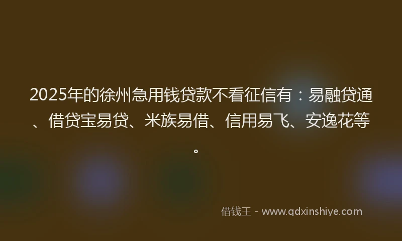 2025年的徐州急用钱贷款不看征信有：易融贷通、借贷宝易贷、米族易借、信用易飞、安逸花等。