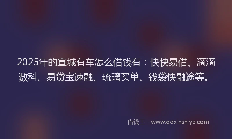 2025年的宣城有车怎么借钱有：快快易借、滴滴数科、易贷宝速融、琉璃买单、钱袋快融途等。