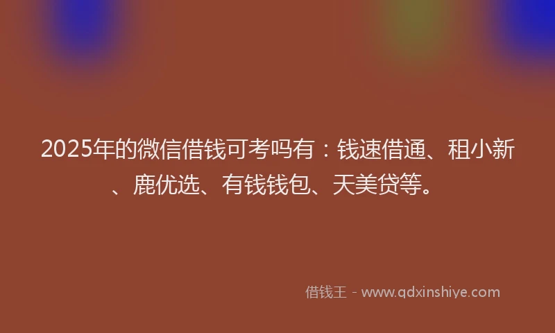 2025年的微信借钱可考吗有：钱速借通、租小新、鹿优选、有钱钱包、天美贷等。