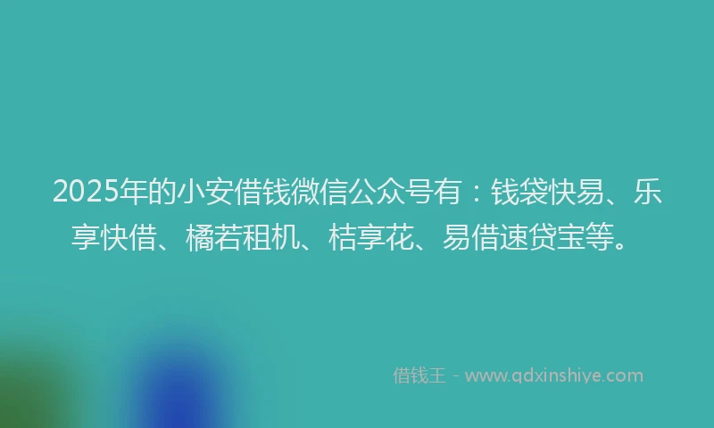 2025年的小安借钱微信公众号有：钱袋快易、乐享快借、橘若租机、桔享花、易借速贷宝等。