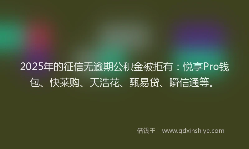 2025年的征信无逾期公积金被拒有：悦享Pro钱包、快莱购、天浩花、甄易贷、瞬信通等。