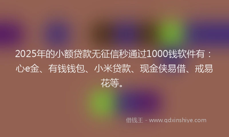 2025年的小额贷款无征信秒通过1000钱软件有：心e金、有钱钱包、小米贷款、现金侠易借、戒易花等。