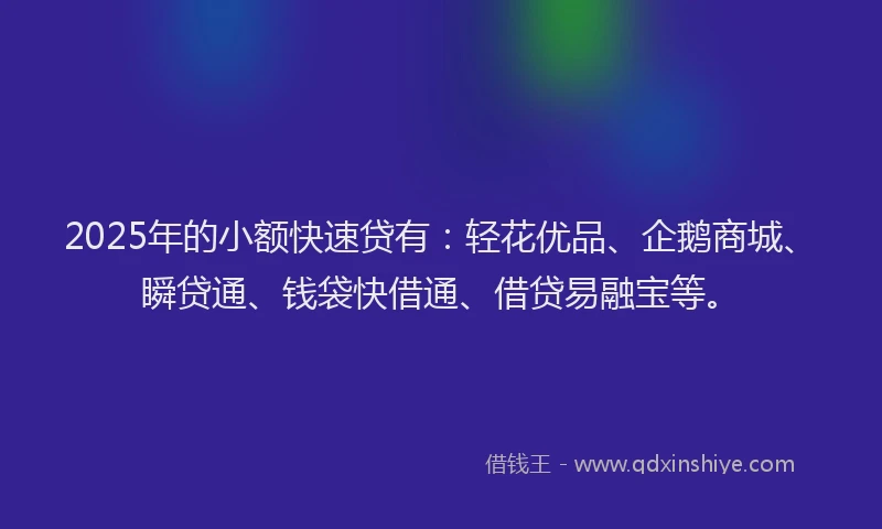2025年的小额快速贷有：轻花优品、企鹅商城、瞬贷通、钱袋快借通、借贷易融宝等。