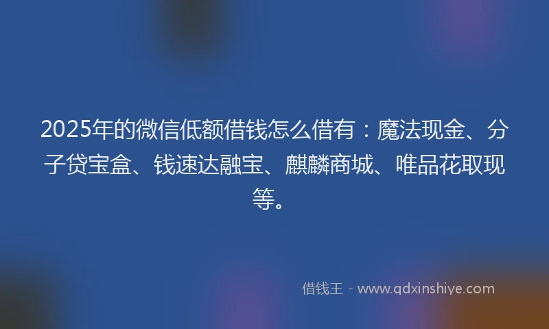 2025年的微信低额借钱怎么借有：魔法现金、分子贷宝盒、钱速达融宝、麒麟商城、唯品花取现等。
