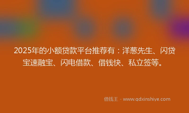 2025年的小额贷款平台推荐有：洋葱先生、闪贷宝速融宝、闪电借款、借钱快、私立签等。