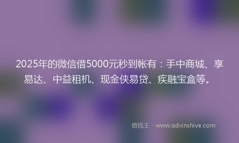 2025年的微信借5000元秒到帐有：手中商城、享易达、中益租机、现金侠易贷、疾融宝盒等。