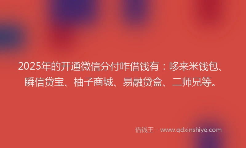 2025年的开通微信分付咋借钱有：哆来米钱包、瞬信贷宝、柚子商城、易融贷盒、二师兄等。