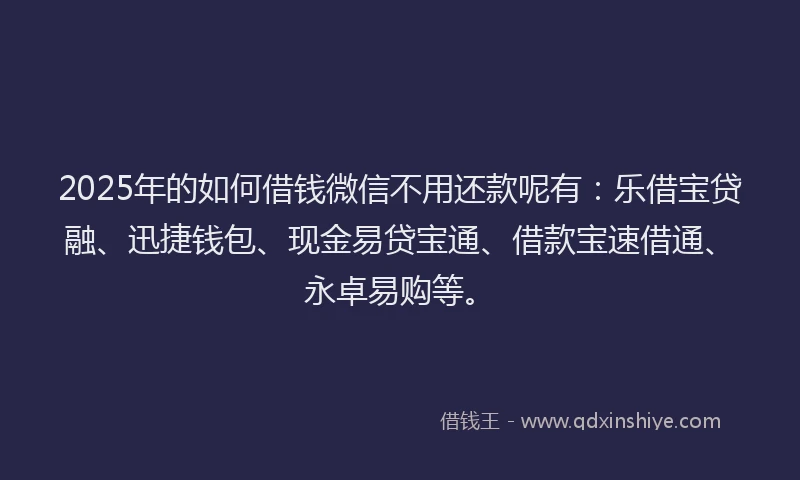 2025年的如何借钱微信不用还款呢有：乐借宝贷融、迅捷钱包、现金易贷宝通、借款宝速借通、永卓易购等。