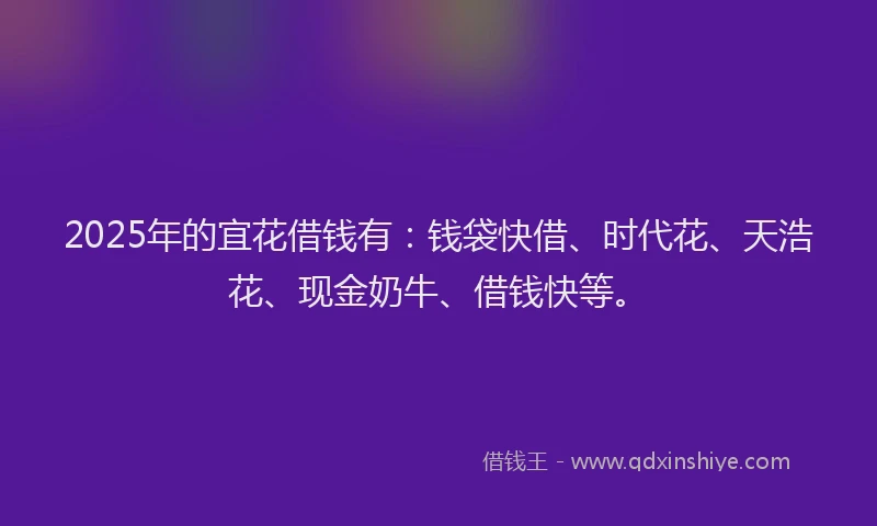 2025年的宜花借钱有:钱袋快借、时代花、天浩花、现金奶牛、借钱快等。