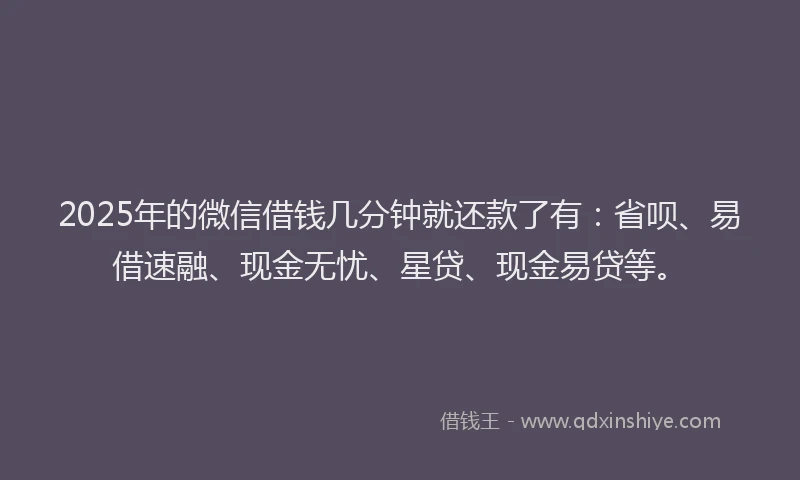 2025年的微信借钱几分钟就还款了有：省呗、易借速融、现金无忧、星贷、现金易贷等。