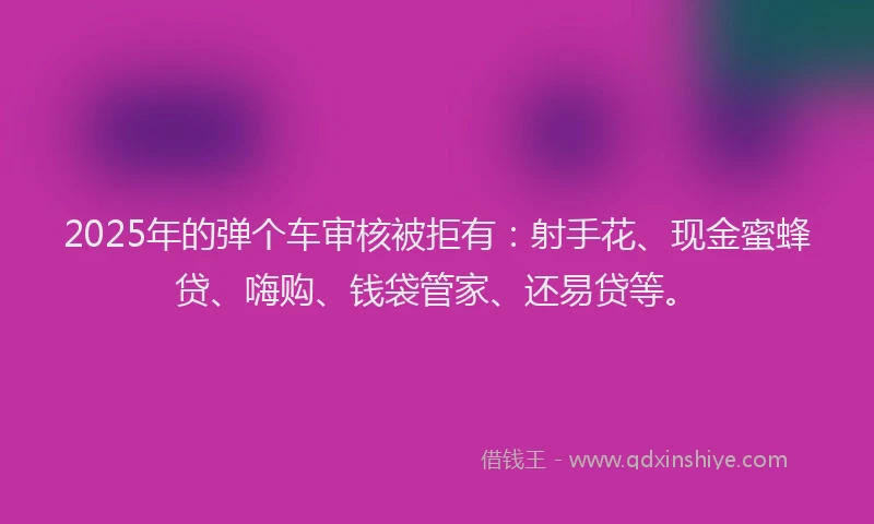 2025年的弹个车审核被拒有：射手花、现金蜜蜂贷、嗨购、钱袋管家、还易贷等。