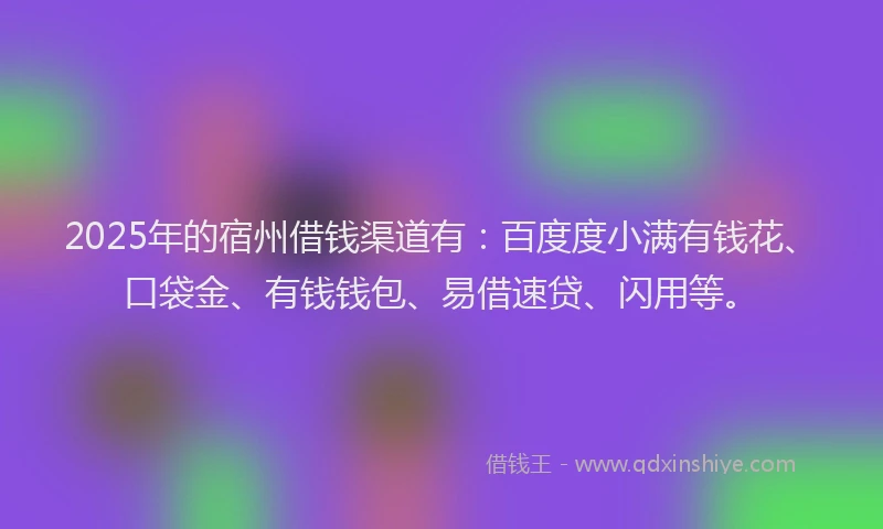 2025年的宿州借钱渠道有：百度度小满有钱花、口袋金、有钱钱包、易借速贷、闪用等。