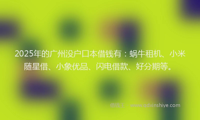 2025年的广州没户口本借钱有：蜗牛租机、小米随星借、小象优品、闪电借款、好分期等。