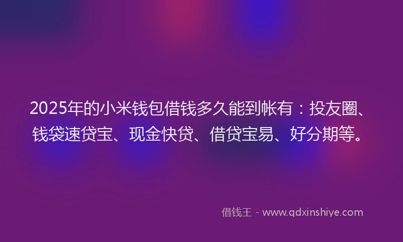 2025年的小米钱包借钱多久能到帐有：投友圈、钱袋速贷宝、现金快贷、借贷宝易、好分期等。