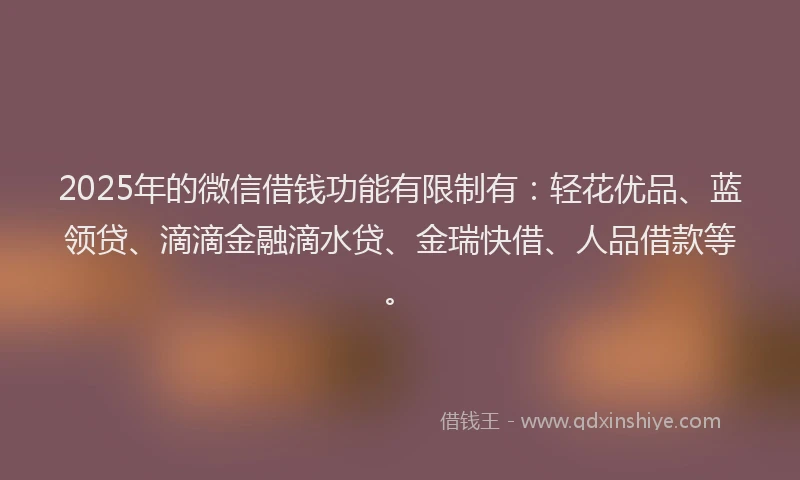 2025年的微信借钱功能有限制有：轻花优品、蓝领贷、滴滴金融滴水贷、金瑞快借、人品借款等。