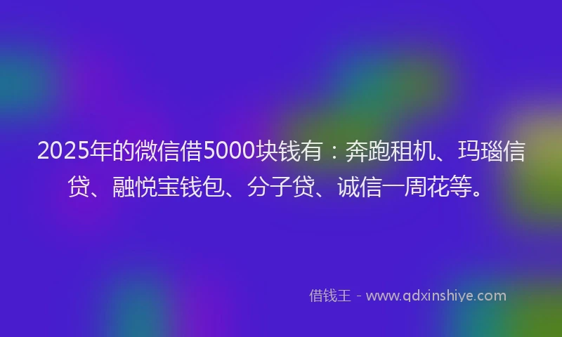 2025年的微信借5000块钱有：奔跑租机、玛瑙信贷、融悦宝钱包、分子贷、诚信一周花等。