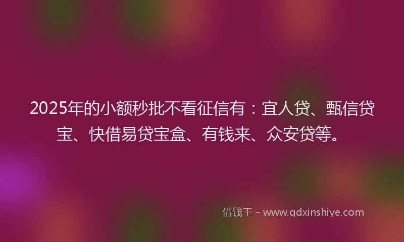 2025年的小额秒批不看征信有：宜人贷、甄信贷宝、快借易贷宝盒、有钱来、众安贷等。