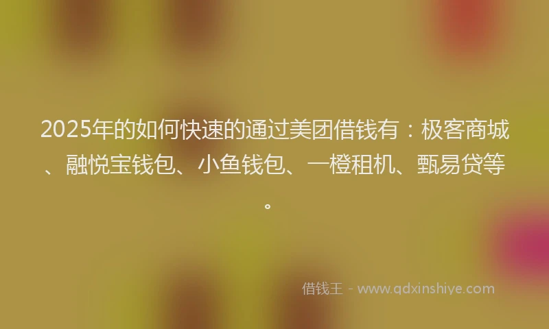 2025年的如何快速的通过美团借钱有：极客商城、融悦宝钱包、小鱼钱包、一橙租机、甄易贷等。