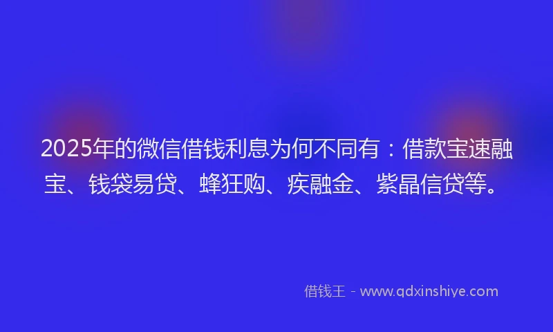 2025年的微信借钱利息为何不同有：借款宝速融宝、钱袋易贷、蜂狂购、疾融金、紫晶信贷等。