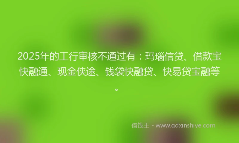 2025年的工行审核不通过有：玛瑙信贷、借款宝快融通、现金侠途、钱袋快融贷、快易贷宝融等。