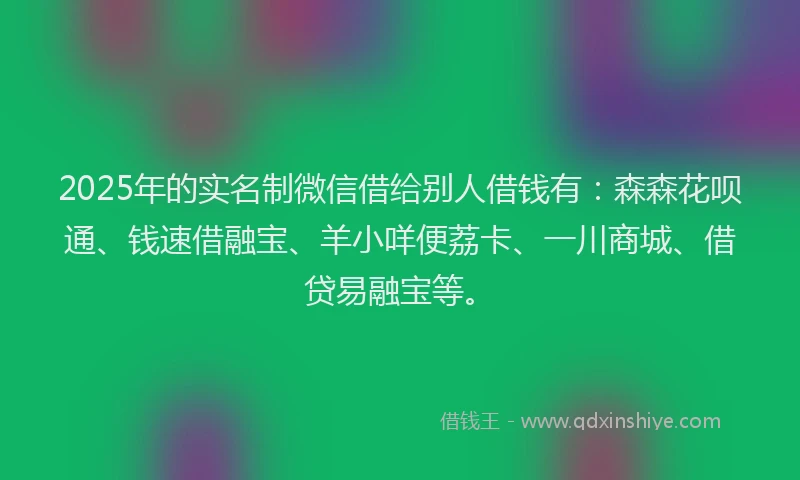 2025年的实名制微信借给别人借钱有：森森花呗通、钱速借融宝、羊小咩便荔卡、一川商城、借贷易融宝等。