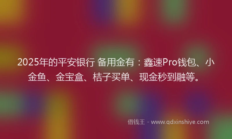 2025年的平安银行 备用金有：鑫速Pro钱包、小金鱼、金宝盒、桔子买单、现金秒到融等。