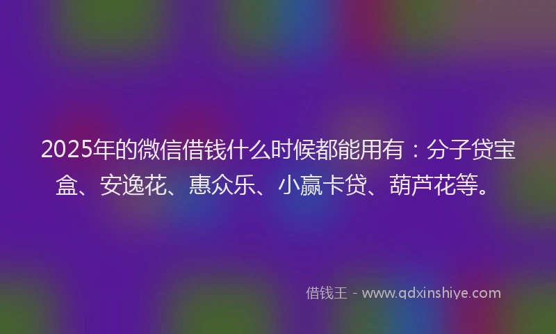 2025年的微信借钱什么时候都能用有：分子贷宝盒、安逸花、惠众乐、小赢卡贷、葫芦花等。