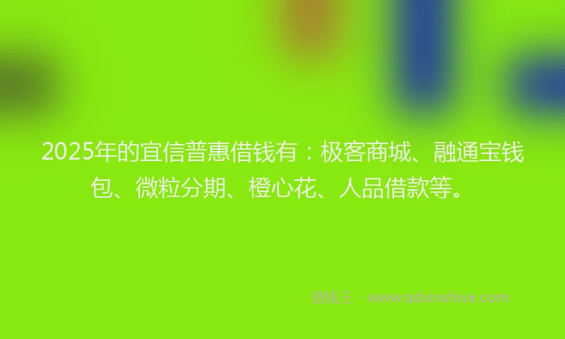 2025年的宜信普惠借钱有：极客商城、融通宝钱包、微粒分期、橙心花、人品借款等。