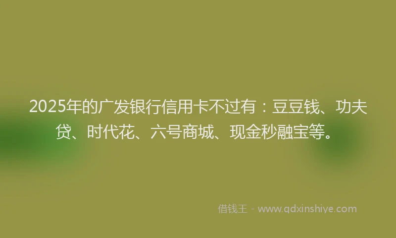2025年的广发银行信用卡不过有：豆豆钱、功夫贷、时代花、六号商城、现金秒融宝等。