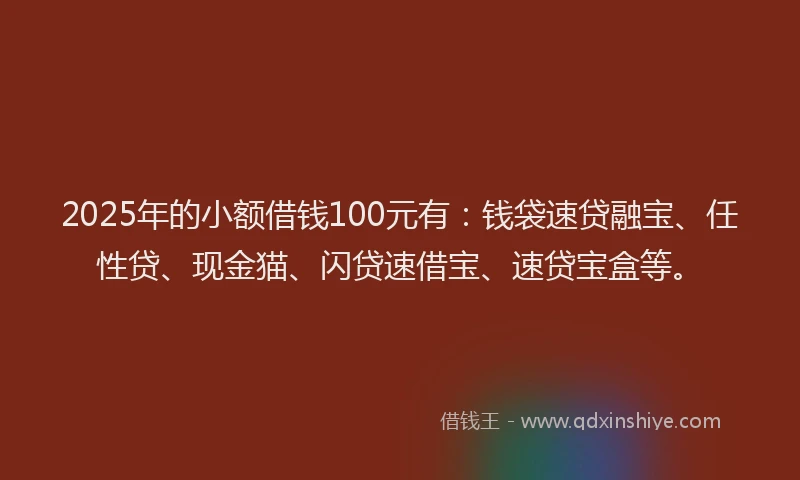 2025年的小额借钱100元有：钱袋速贷融宝、任性贷、现金猫、闪贷速借宝、速贷宝盒等。