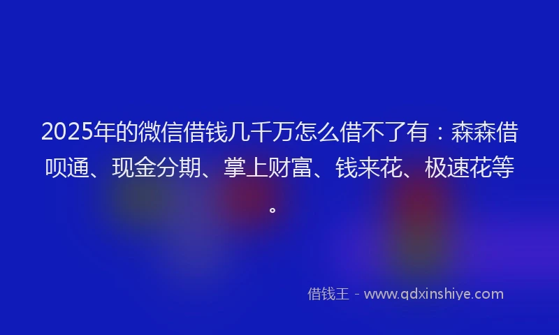 2025年的微信借钱几千万怎么借不了有：森森借呗通、现金分期、掌上财富、钱来花、极速花等。