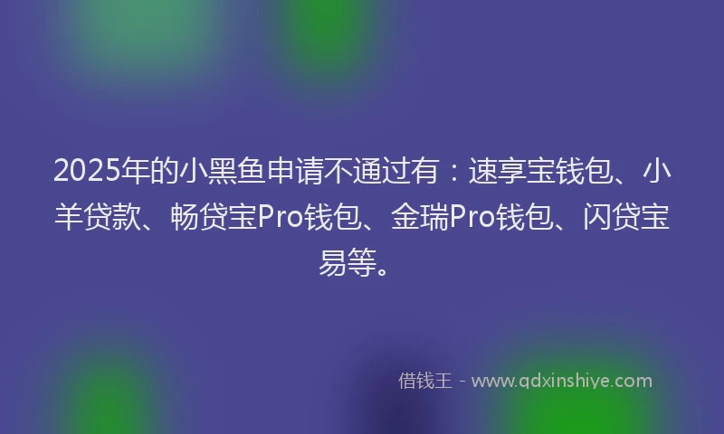 2025年的小黑鱼申请不通过有：速享宝钱包、小羊贷款、畅贷宝Pro钱包、金瑞Pro钱包、闪贷宝易等。