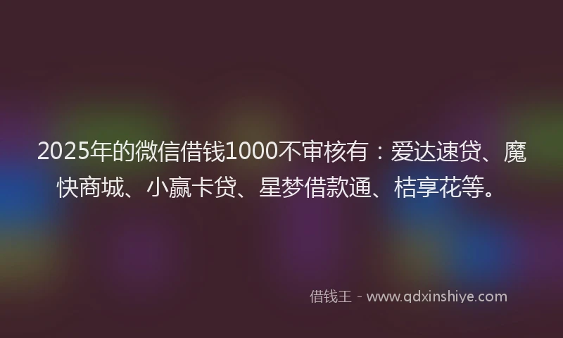 2025年的微信借钱1000不审核有：爱达速贷、魔快商城、小赢卡贷、星梦借款通、桔享花等。