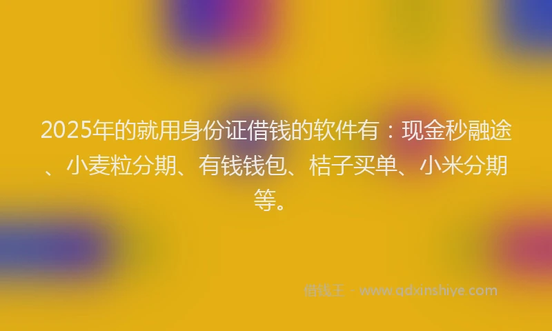 2025年的就用身份证借钱的软件有：现金秒融途、小麦粒分期、有钱钱包、桔子买单、小米分期等。
