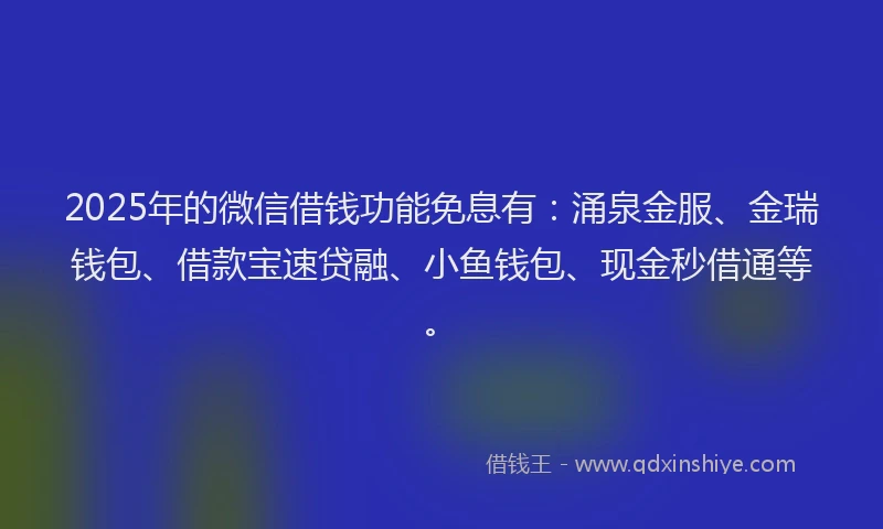 2025年的微信借钱功能免息有：涌泉金服、金瑞钱包、借款宝速贷融、小鱼钱包、现金秒借通等。