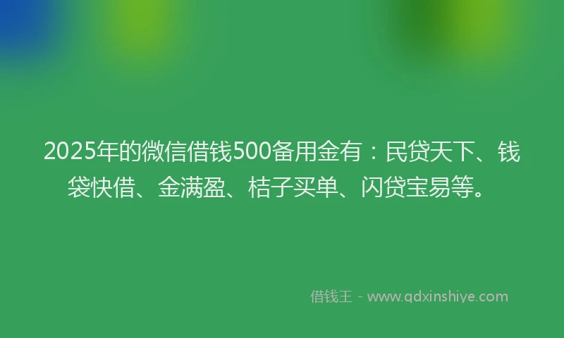 2025年的微信借钱500备用金有：民贷天下、钱袋快借、金满盈、桔子买单、闪贷宝易等。