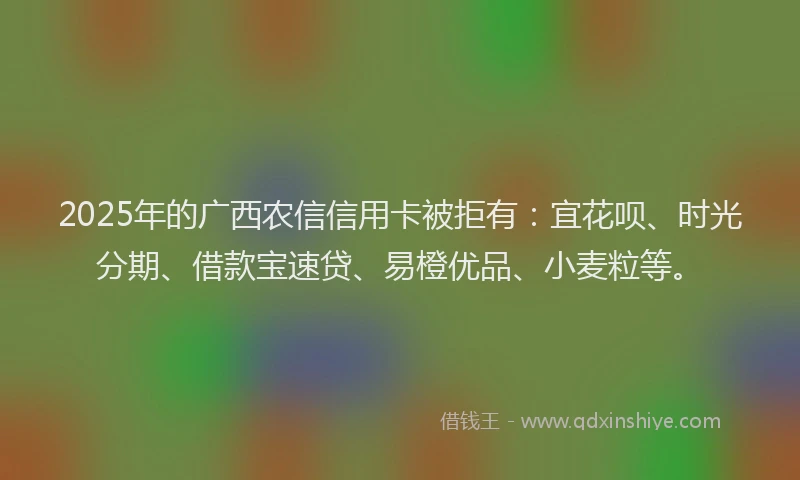 2025年的广西农信信用卡被拒有：宜花呗、时光分期、借款宝速贷、易橙优品、小麦粒等。