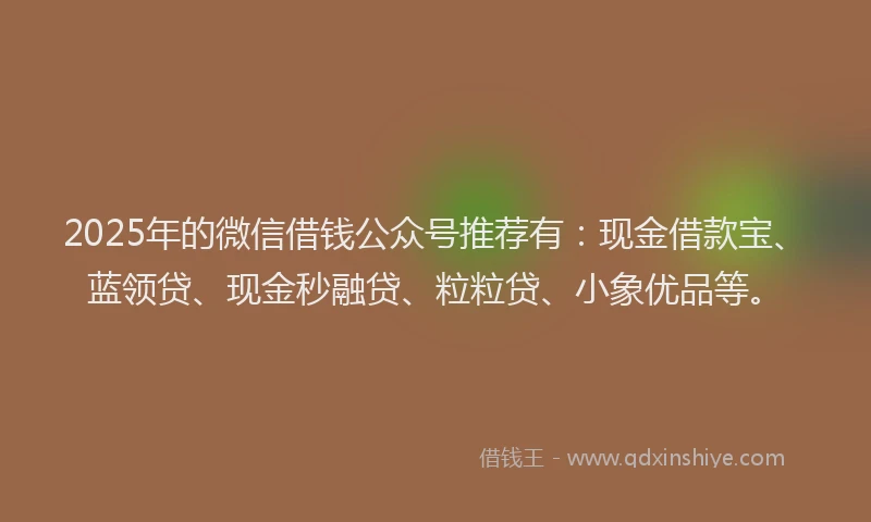 2025年的微信借钱公众号推荐有：现金借款宝、蓝领贷、现金秒融贷、粒粒贷、小象优品等。