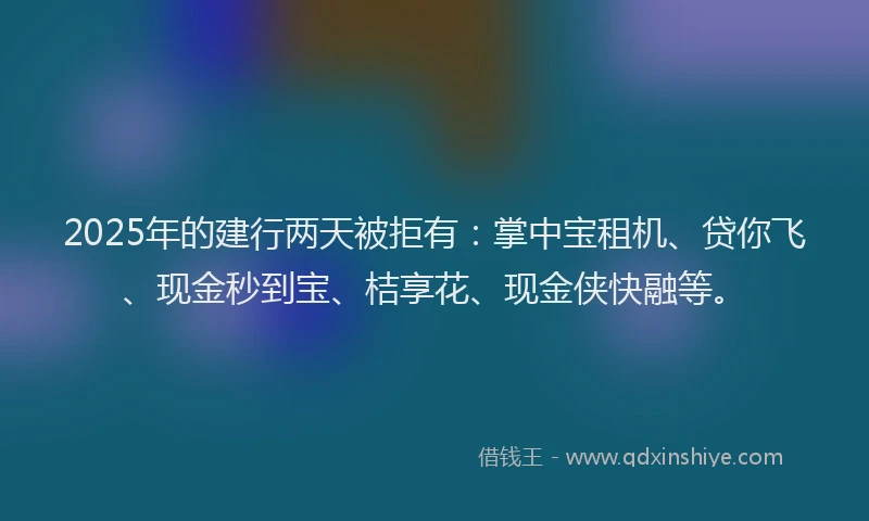 2025年的建行两天被拒有：掌中宝租机、贷你飞、现金秒到宝、桔享花、现金侠快融等。