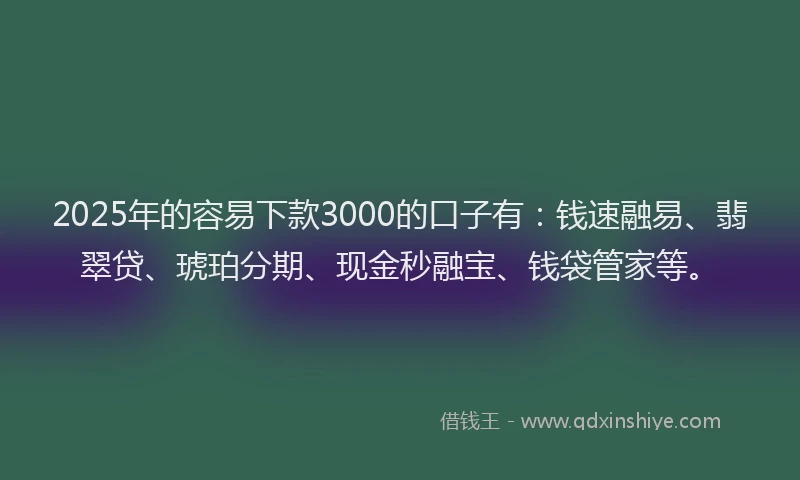 2025年的容易下款3000的口子有：钱速融易、翡翠贷、琥珀分期、现金秒融宝、钱袋管家等。