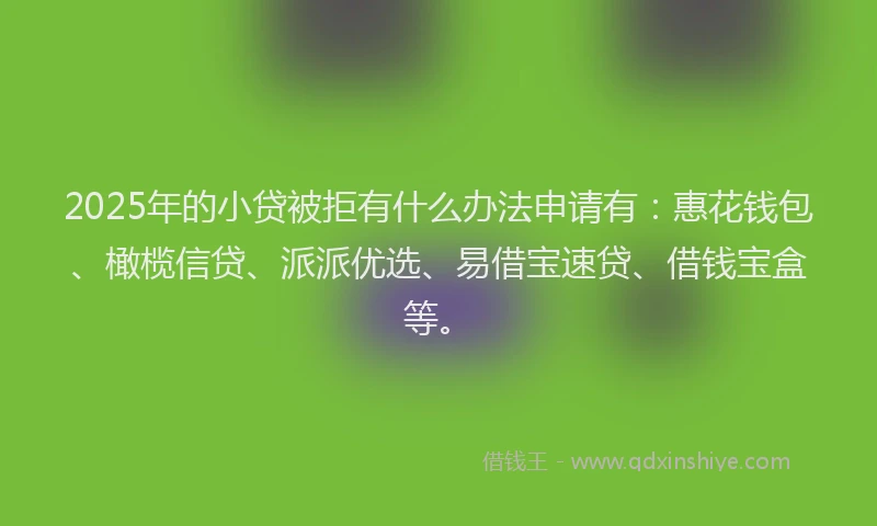 2025年的小贷被拒有什么办法申请有：惠花钱包、橄榄信贷、派派优选、易借宝速贷、借钱宝盒等。