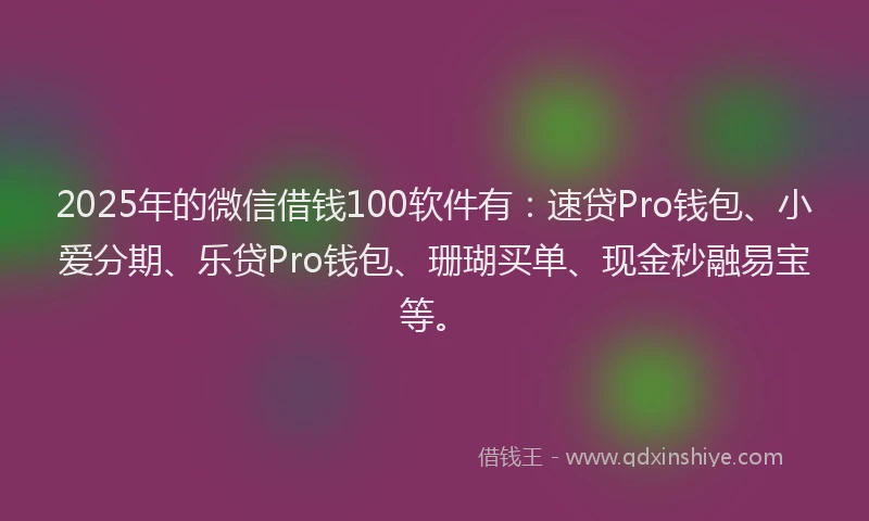 2025年的微信借钱100软件有：速贷Pro钱包、小爱分期、乐贷Pro钱包、珊瑚买单、现金秒融易宝等。