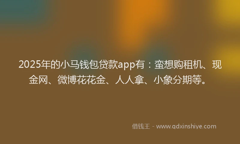 2025年的小马钱包贷款app有：蛮想购租机、现金网、微博花花金、人人拿、小象分期等。