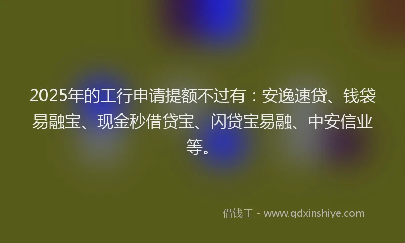 2025年的工行申请提额不过有：安逸速贷、钱袋易融宝、现金秒借贷宝、闪贷宝易融、中安信业等。
