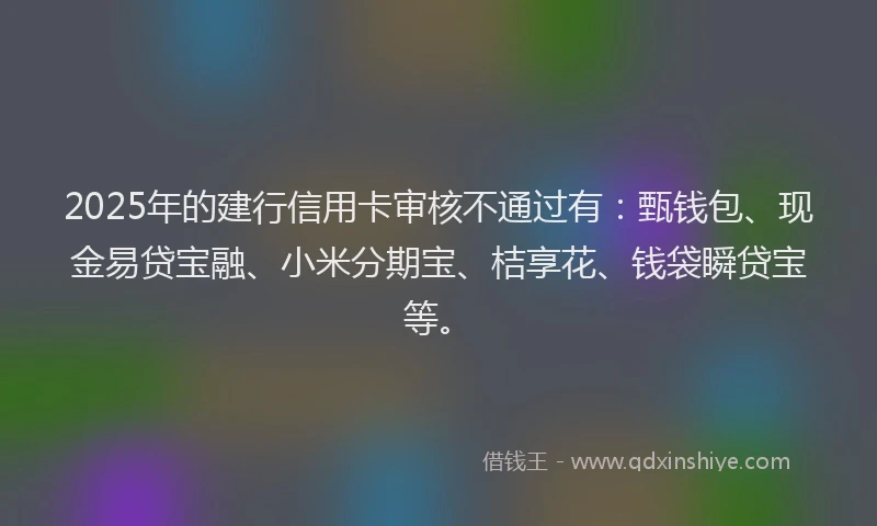 2025年的建行信用卡审核不通过有：甄钱包、现金易贷宝融、小米分期宝、桔享花、钱袋瞬贷宝等。