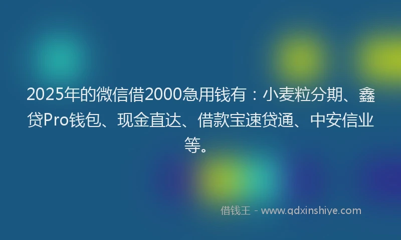 2025年的微信借2000急用钱有：小麦粒分期、鑫贷Pro钱包、现金直达、借款宝速贷通、中安信业等。